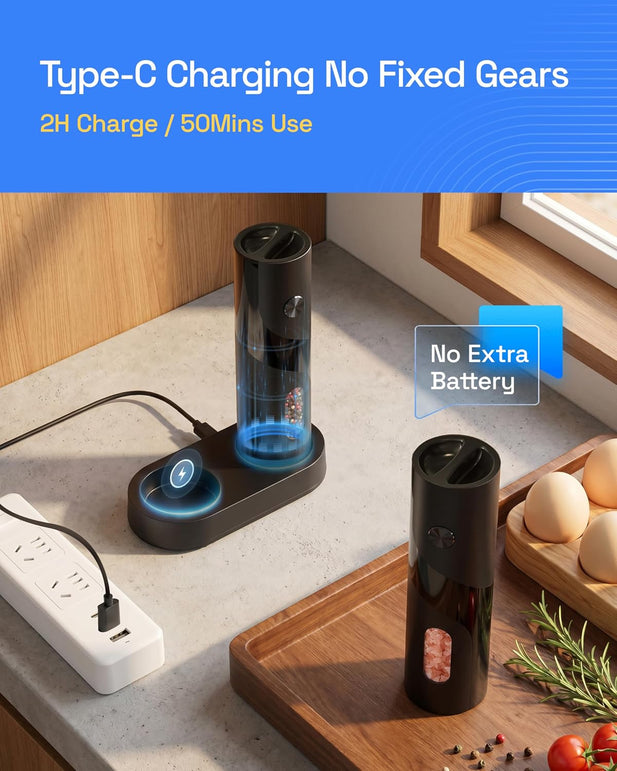 HBN Electric Pepper Grinder, Rechargeable Salt and Pepper Mill Set with Charging Base, One-Handed Automatic Operation, Adjustable Coarseness, LED Light, Stainless Steel Body for Kitchen Cooking Dining