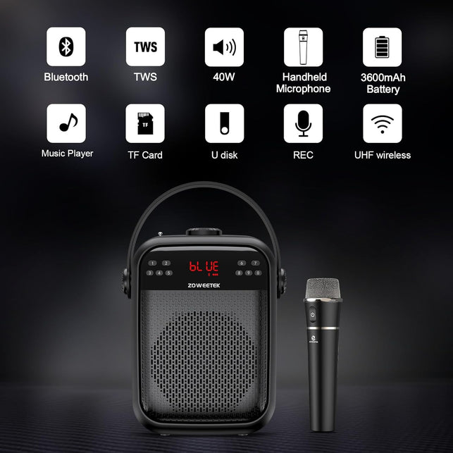ZOWEETEK Voice Amplifier with Wireless Microphone Handheld, Wireless Voice Amplifier for Teachers, Buletooth PA System Speaker and Microphone,Portable Megaphone for Classroom, Speech,Karaoke,Outdoor