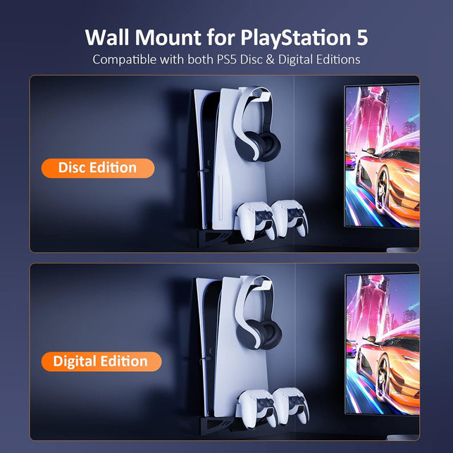 Nexigo PS5 Wall Mount Kit with Charging Station, Dual Controller Chargers, Steel Wall Stand, and Headphone Hanger - Compatible with Playstation 5 (Disc & Digital)