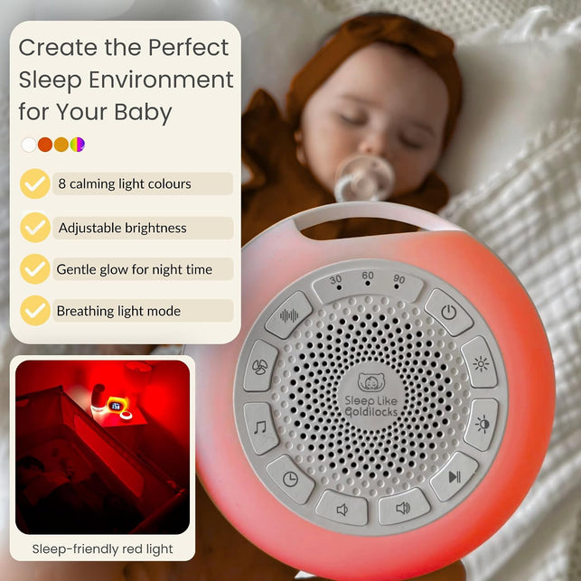 Portable White Noise Machine Baby, Kids | 26 Soothing Sounds, Adjustable LED Light and Red Light, USB Rechargeable, up to 50 Hours Battery Life - Promotes Deep, Restorative Sleep without Disrupting Melatonin (Red Light) for Healthier Sleep for Babies and Adults.