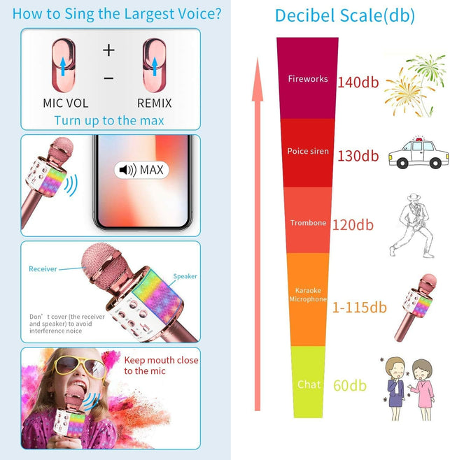 Wireless Bluetooth Karaoke Microphone with Controllable LED Lights, Xkey 4 in 1 Portable Karaoke Machine Speaker for Android/Iphone/Pc, Best Gifts Toys for Girls & Boys (Rose Gold)