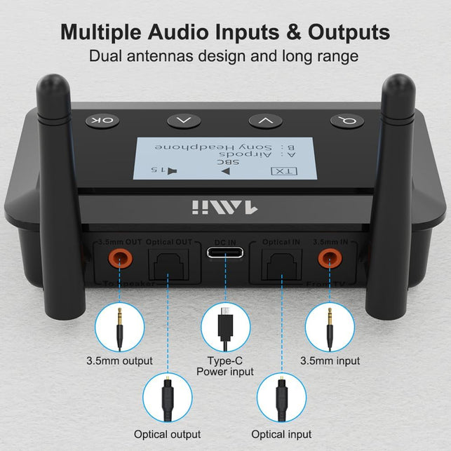 1Mii B03+ Bluetooth Transmitter Receiver for TV Home Stereo, Long Range Bluetooth 5.3 Adapter for TV Audio with Screen, Aptx Low Latency & HD, Optical RCA AUX 3.5Mm Inputs/Outputs