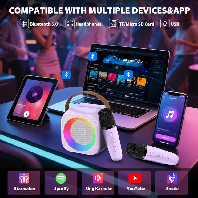 Mini Karaoke Machine for Kids Adults, Portable Bluetooth Speaker with 2 Wireless Microphones, Microphone and Speaker Set with Disco Light for Home Party Christmas Birthday Purple