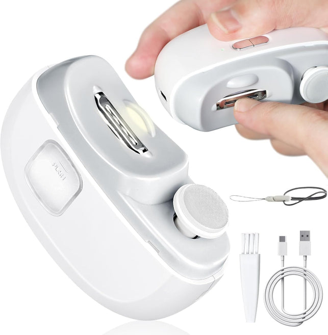 Electric Automatic Nail Clipper with Light & 2 Speeds,Fingernail Cutter and File 2 in 1 Design, USB Rechargeable Safety Fingernail Trimmer for Baby, Kids, Seniors and Adult (White)