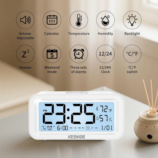 Night Light Digital Alarm Clock Battery Operated with Indoor Temperature Humidity, Desk Small Clock,Snooze Model,12/24H Display for Bedrooms Heavy Sleepers Kids Travel Bathroom (White)