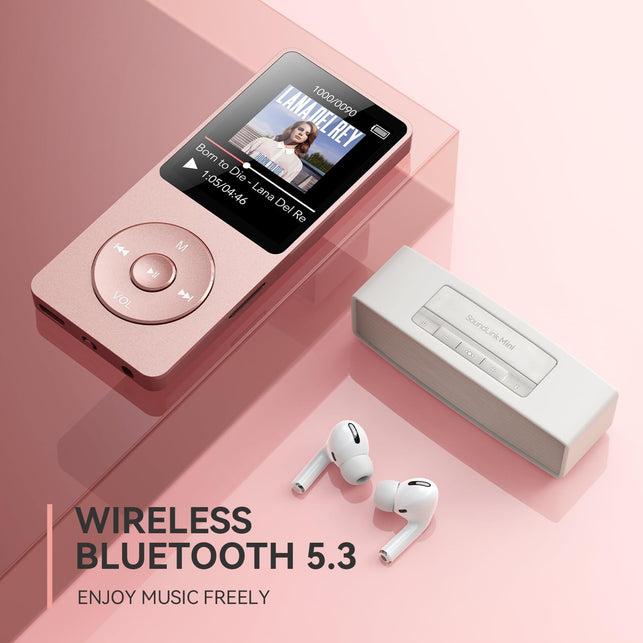 AGPTEK A02 32GB MP3 Player with Bluetooth 5.3, 1.8 Inch Screen Portable Music Player with Speaker, FM Radio, Voice Recorder, Supports Expanded up to 128GB (Rose Gold, 32GB)