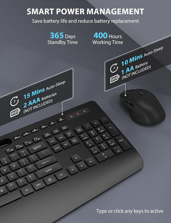 Wireless Keyboard and Mouse Combo - Full-Sized Ergonomic Keyboard with Wrist Rest, Phone Holder, Sleep Mode, Silent 2.4Ghz Cordless Keyboard Mouse Combo for Computer, Laptop, PC, Mac, Windows -Trueque