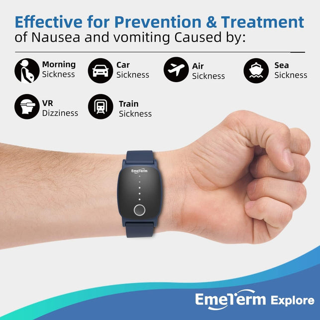 Emeterm Explore Navy Blue Anti-Nausea Wristband IP67 Waterproof Morning Motion Travel Sickness Vomit Relief Rechargeable Classic Strap Design No Gel Drug Free without Side Effects