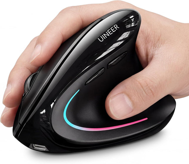 Uineer Ergonomic Wireless Vertical Mouse - Tri - Color Breathing Lights, BT5.0/4.0/2.4G Bluetooth, Rechargeable with Battery Indicator - Ideal for Home & Office (Black)