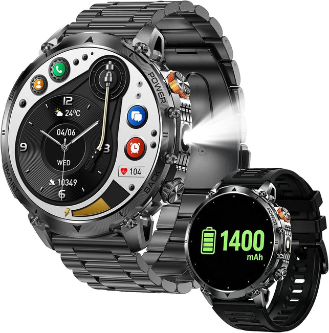 Bostbo Smart Watch, 1.7" IPS Screen, Battery 1400Mah,Answer/Make Calls 100+ Sport Modes,Military Smart Watches for Men,Ip68 Waterproof,Compass with Flashlight,Compatible with Ios & Android