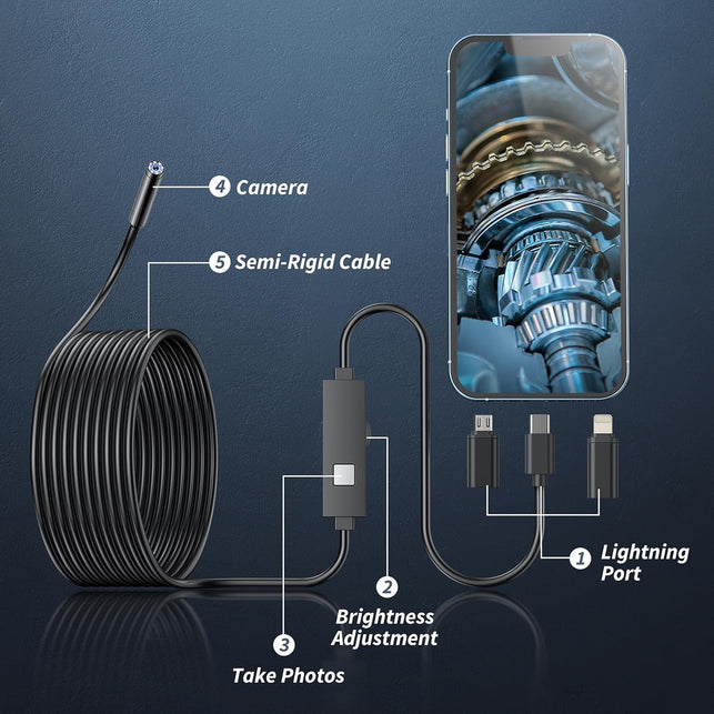Kinpthy Endoscope Camera with Light,1920P HD Borescope Tools with 8 Adjustable LED Lights, Endoscope with Semi-Rigid Snake Camera, Inspection Borescope for Ios and Android-16.4Ft Single Lens