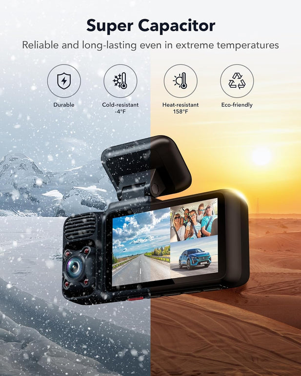 REDTIGER 4K 3 Channel Dash Cam 5G Wifi Built-In GPS with 64GB Card, 2160P+1080P+1080P Front and Rear inside Loop Recording, Triple Car Camera with 3 Inch Screen, IR Night Vision, WDR, Parking Mode