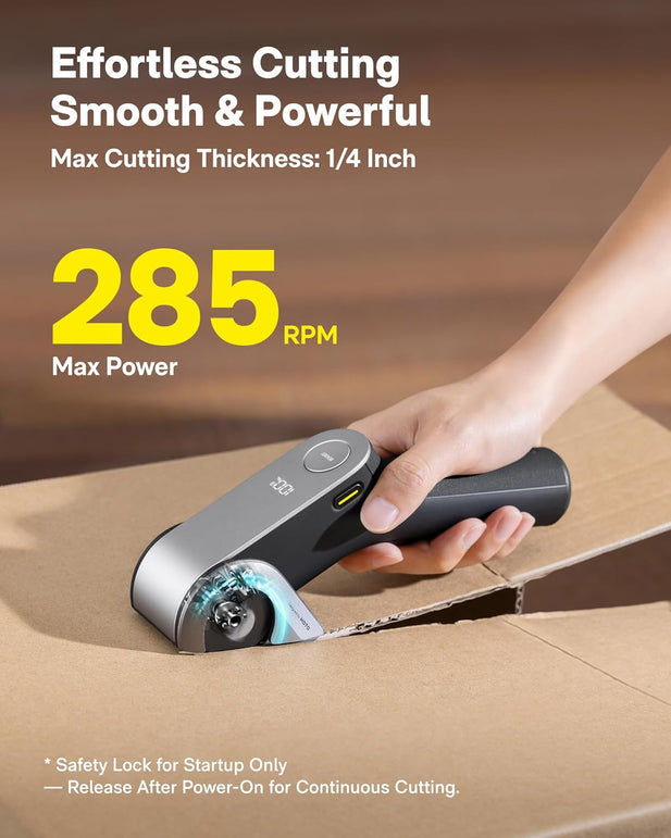 HOTO Edgeflow Electric Cardboard Cutter, Premium USB-C Rechargeable Cordless Electric Scissors, Titanium Blade & LED Display, Tool-Free Blade Swap & Self-Sharpening, for Cardboard Box, Carpet, Leather
