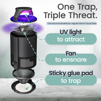 QUASH Indoor Fly Trap – Non-Zapper Mosquito & Bug Killer – Gnats, Fruit Flies, Moths, Mozzies, Midges, & Sandflies Catcher - Suction Fan - UV Bug Light - Sticky Glue Board (Black)