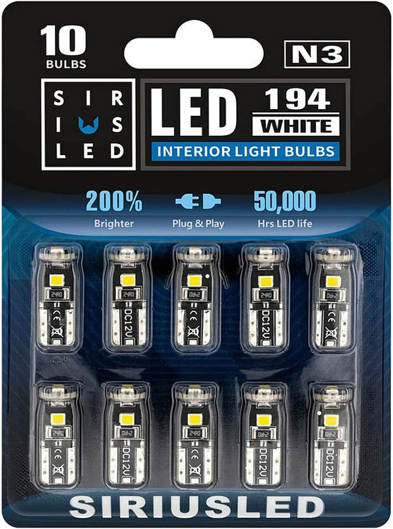 SIR IUS LED 194 LED Bulbs Extremely Super Bright 3030 Chipset for Car Truck Interior Dome Map Door Courtesy Marker License Plate Lights Compact Wedge T10 168 2825 Xenon White Pack of 10