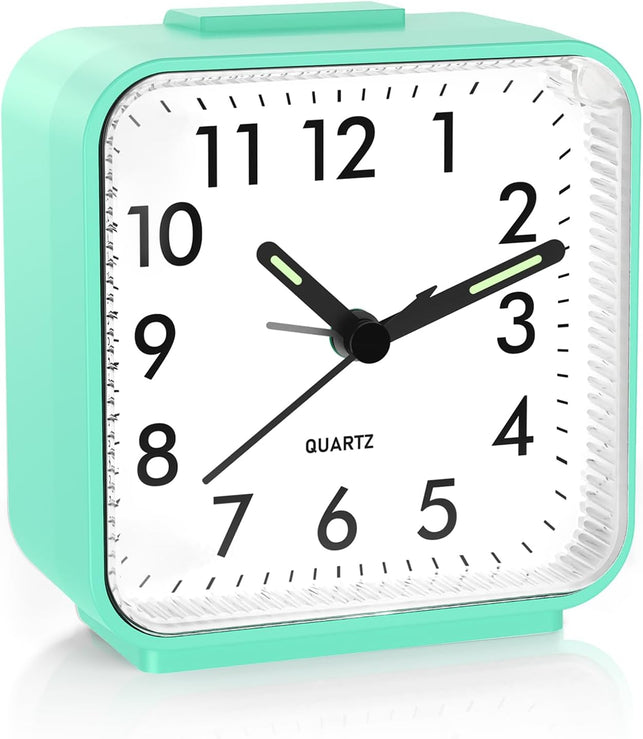 ORIA Small Analog Alarm Clock, Green Dial with Luminous Hands, Silent No Tick, Snooze, Battery Operated for Bedroom, Office, School, Travel