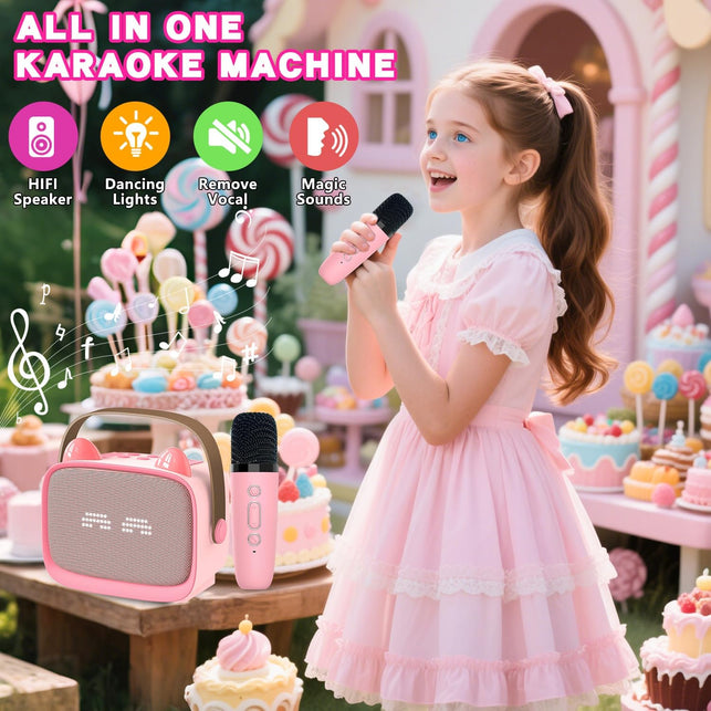 Mgaolo Upgraded Mini Karaoke Machine Toy for Kids, Portable Bluetooth Speaker with 2 Wireless Mics, Emoji & Colorful LED Lights, Home Travel & Party Play Gifts for Boys Girls (Pink)