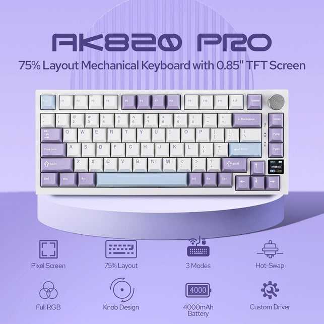 EPOMAKER Ajazz AK820 Pro 75% Gasket-Mounted Mechanical Keyboard with TFT Screen, 3 Modes(Bt/2.4G Wireless & Type-C Wired), Sound Dampening Foams (White Purple, Ajazz Gift Switch)