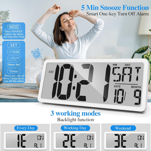 15.2" Large Digital Wall Clock Battery Operated with Jumbo Numbers, Temperature and Date - Easy to Read and Set, Auto DST(NOT INCLUED)