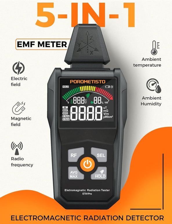 EMF Meter Radiation Detector, Et01Pro EMF Detector, 5-In-1 Electromagnetic Field & Radio Frequency Detector for Home & Office EMF Inspections,Ghost Hunting Equipment