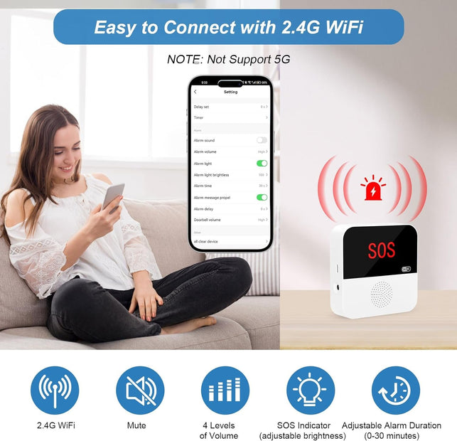Wifi Rechargable Smart Wireless Caregiver Pager Call Button System Nurse Calling Alert System for Elderly Patient Seniors Disabled Kids 2 SOS Panic Buttons 1 Receiver (Only Supports 2.4Ghz Wi-Fi)