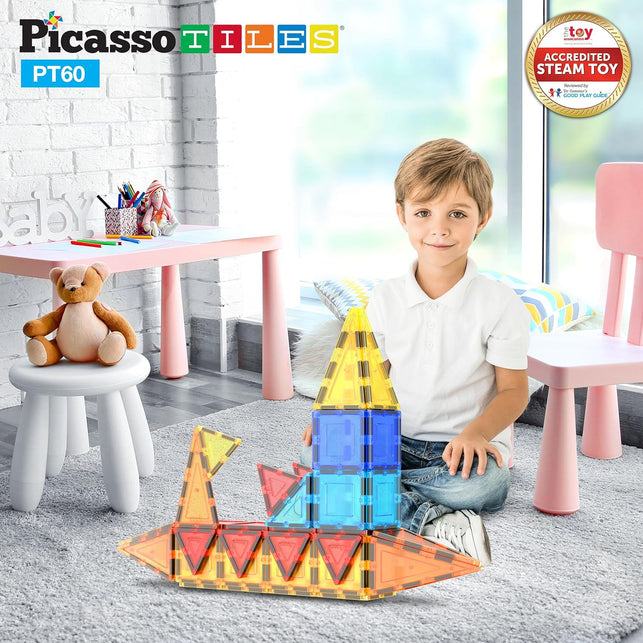 Picassotiles 60 Piece Set 60Pcs Magnet Building Tiles Clear Magnetic 3D Building Blocks Construction Playboards - Creativity beyond Imagination, Inspirational, Recreational, Educational, Conventional