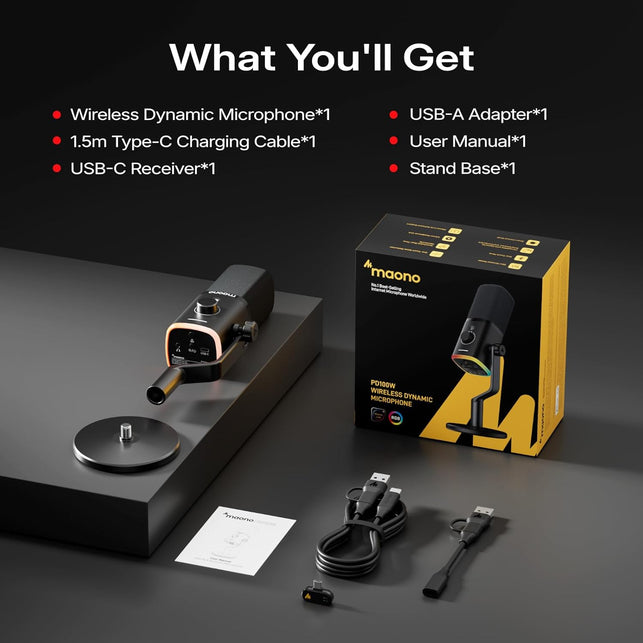 MAONO PD100W Wireless/Usb Microphone, PC Gaming Mic with One-Click Noise Reduction,Mute Button,Custom RGB, 3.5Mm Headphone Jack, Desktop Dynamic Streaming Mic for Recording,Podcasting, Black
