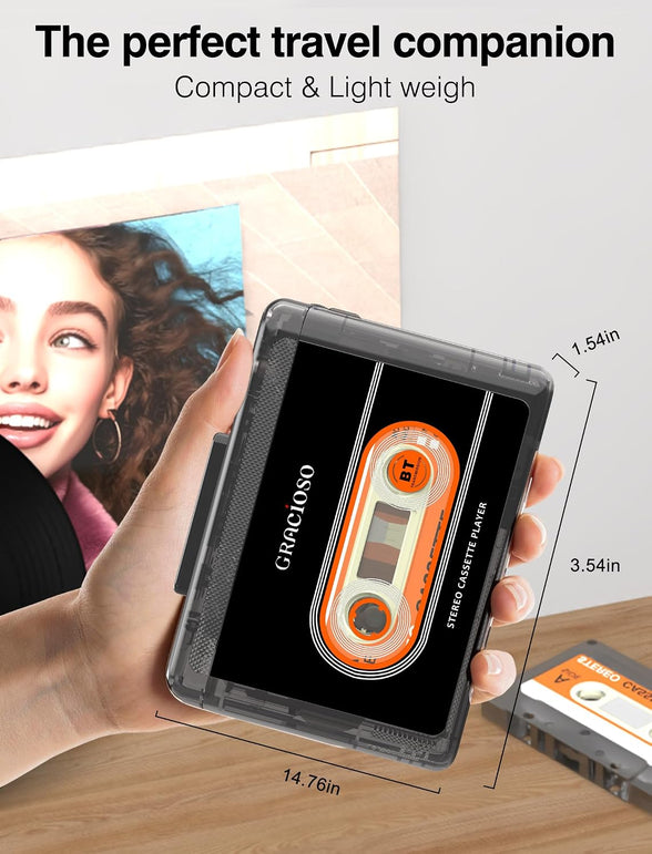 Gracioso Bluetooth Cassette Tape Player Connect Bluetooth Headphone 1100Mah Rechargeable Battery up to 10H Playtime-With Earphone-Back Clip for Secured Carry - Cassette Player for Home,Park