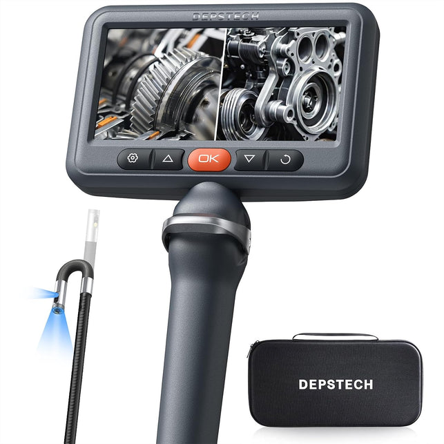 DEPSTECH Dual Lens Borescope Camera with Light, Two-Way Articulating Borescope, 5" IPS Dual View Endoscope with 0.33In Slim Probe, 1080P Waterproof Inspection Camera for Wall Auto Engine Inspect-5Ft
