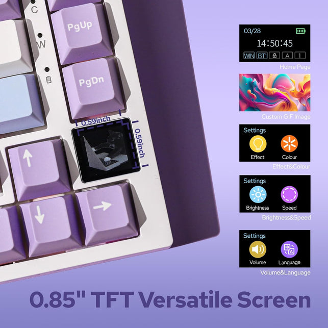 EPOMAKER Ajazz AK820 Pro 75% Gasket-Mounted Mechanical Keyboard with TFT Screen, 3 Modes(Bt/2.4G Wireless & Type-C Wired), Sound Dampening Foams (White Purple, Ajazz Gift Switch)