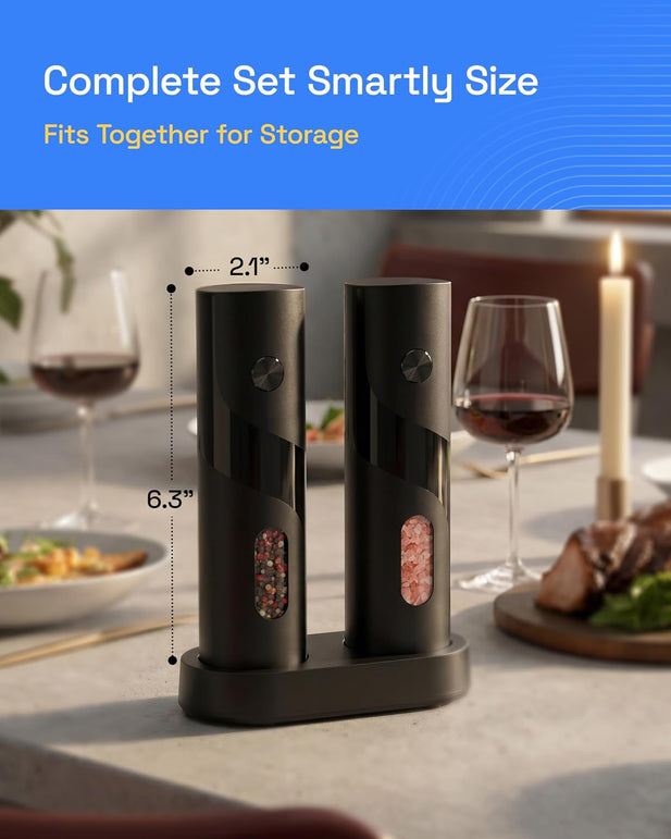 HBN Electric Pepper Grinder, Rechargeable Salt and Pepper Mill Set with Charging Base, One-Handed Automatic Operation, Adjustable Coarseness, LED Light, Stainless Steel Body for Kitchen Cooking Dining
