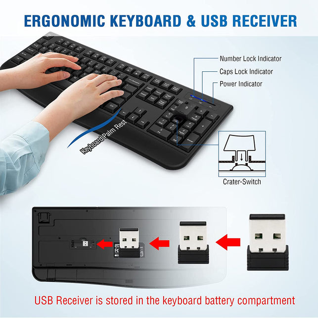 Wireless Keyboard and Mouse Combo, Full-Sized 2.4Ghz Wireless Keyboard with Comfortable Palm Rest and Optical Wireless Mouse for Windows, Mac OS Pc/Desktops/Computer/Laptops (Black)