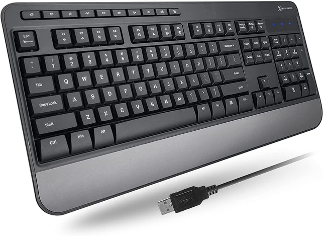 X9 Wired Keyboard - Comfortable Typing - Ergonomic Full Size USB Keyboard with Wrist Rest, Number Pad, Multimedia and 114 Keys - External Computer Keyboard for Laptop, Desktop and Office PC
