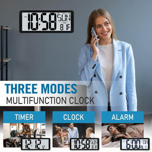 15" Large Digital Wall Clock Battery Operated, Digital Clock Display with Day, Date & Temperature, Large Wall Clock for Bedroom, Livingroom, Office(4.6" Numbers)