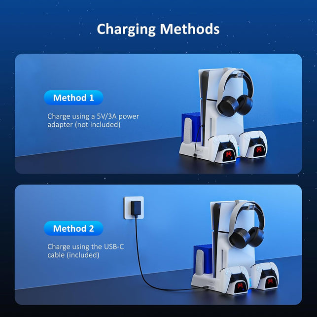 Nexigo PS5 / PS5 Slim Stand, Silent Cooling, Dual Controllers Charger for Playstation 5 Console, 3 Level Adjustable Fan Speed, PS5 / PS5 Slim Accessories, Headset and Remote Holder, White