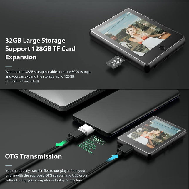 32GB MP3 Player with Bluetooth 5.1,2.8'' Full Touch Screen Music Player with Speaker,Portable Hifi Lossless Sound MP4 Music Player with Fm,Radio,Recorder, E-Book,Pedometer,Armband,Support up to 128GB