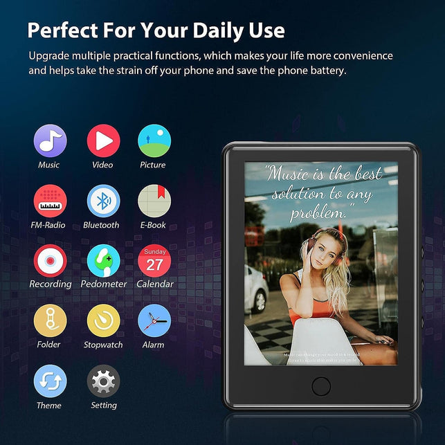 32GB MP3 Player with Bluetooth 5.1,2.8'' Full Touch Screen Music Player with Speaker,Portable Hifi Lossless Sound MP4 Music Player with Fm,Radio,Recorder, E-Book,Pedometer,Armband,Support up to 128GB