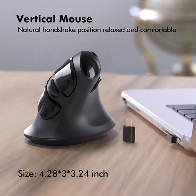 Micropack Ergonomic Mouse, Vertical Wireless Mouse with USB a & Type-C Receiver, Ergo Design Reduces Muscle Strain, 6 Buttons 800/1200/1600 DPI Mouse for Windows, Mac, PC, Laptop, Black