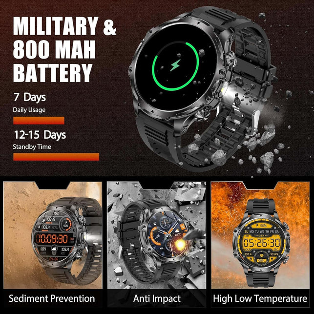 Military Smart Watch for Men, 1.85'' HD Large Screen Smartwatch, Flashlight/5Atm Waterproof/800Mah/100+ Sports Fitness Tracker Watch, Pedometer Mens Smart for Android Iphone Compatible AK75 Silver