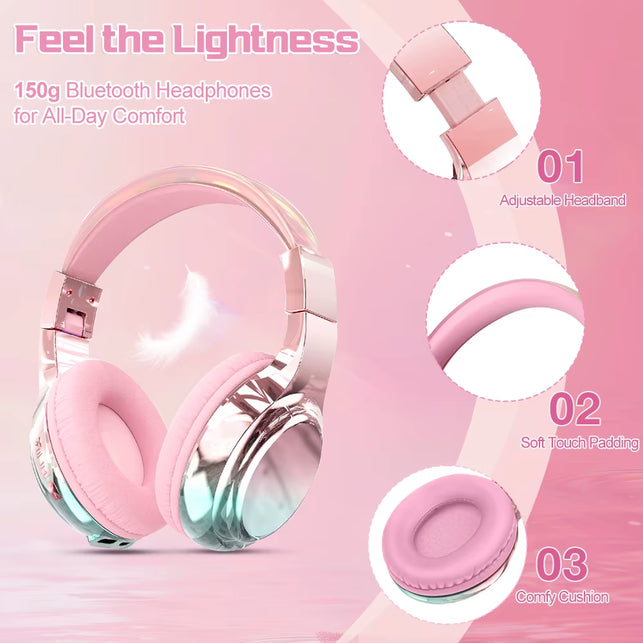 QearFun Glossy Gradient Pink Bluetooth5.3 Headphone for Girl Wireless Headphone with Mic over Ear Headset for Girlfriend Christmas Gift