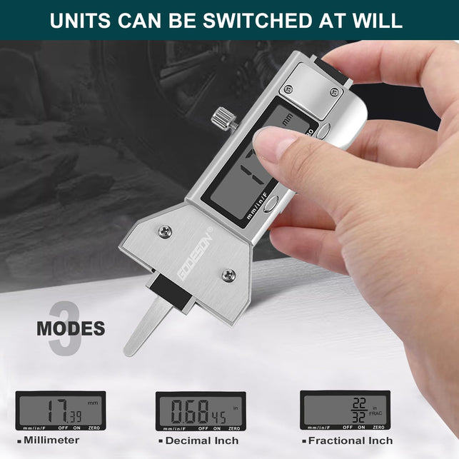 GODESON Metal Digital Tire Tread Depth Gauge, LCD Display Tire Tread Depth Gauge with 3 Modes-Fractional Inch, Decimal Inch and Millimeter,Precision Professional Measuring for Motorcycle, Car, Trucks