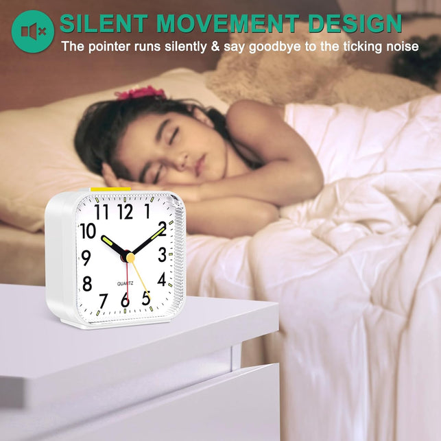 Alarm Clock, Silent Alarm Clocks Bedside Non Ticking Table Clocks Bedside Clock Battery Powered Large Display Snooze Light Clocks for Heavy Sleepers Kids Bedrooms Office Travel White
