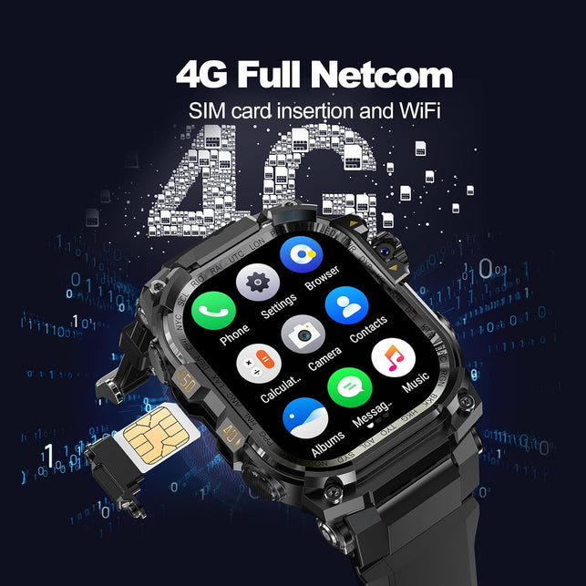 4G SIM Card Android Smartwatch with GPS & Wifi, Military Outdoor Watch for Men, App Downloadable, 2.06" AMOLED Large Screen for Video Chat, HD 180° Rotatable Camera, Health Activity Tracker (Black)