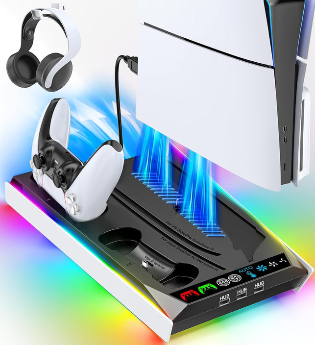 Ps5/Slim/Pro Stand for Disc & Digital Console, PS5 Cooling & Charging Station with RGB Lights, PS5 Controller Charger Built-In 3 Level & AUTO Adjustable Fan, Ps5/Slim/Pro Accessories Comes 3 USB Ports