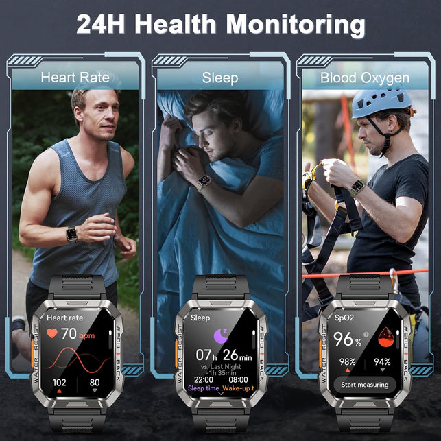 Military Smart Watch for Men(Answer/Make Call), Outdoor Sports Smartwatch with Flashlight/100 Days Battery/Compass/Heart Rate/Spo2/Sleep Monitor/2 Straps, Fitness Tracker for Iphone/Android Phones