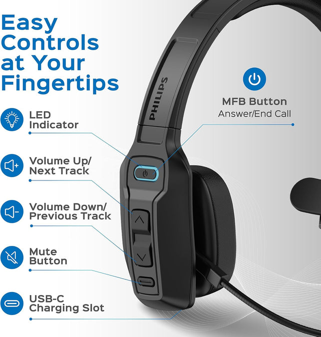 Philips Trucker Bluetooth Headset with Mic, Wireless Trucker Headset with AI Noise-Canceling Microphone & Instant Mute Button, Reliable Long Battery Life, Headphones for Drivers, Office, Call Centers