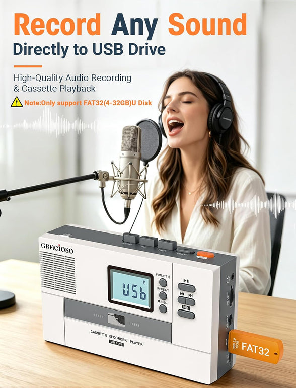 Gracioso Bluetooth Cassette to MP3 Converter with 2000Mah Battery Bluetooth Transmitter & Receiver | Cassette Tape Player with 6W Speaker | Cassette to MP3 via Usb/Tape | 3.5Mm Earphone Jack