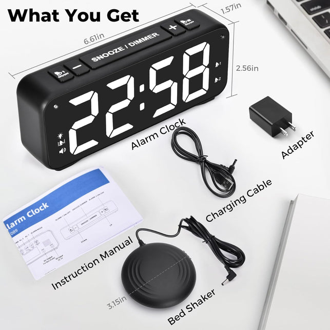 Loud Alarm Clock for Heavy Sleepers Adults, Dual Alarm Clock with Bed Shaker, Digital Vibrating Alarm Clock for Bedrooms, 6.5″Large Display with Dimmer, Snooze & 12/24H & Battery Backup