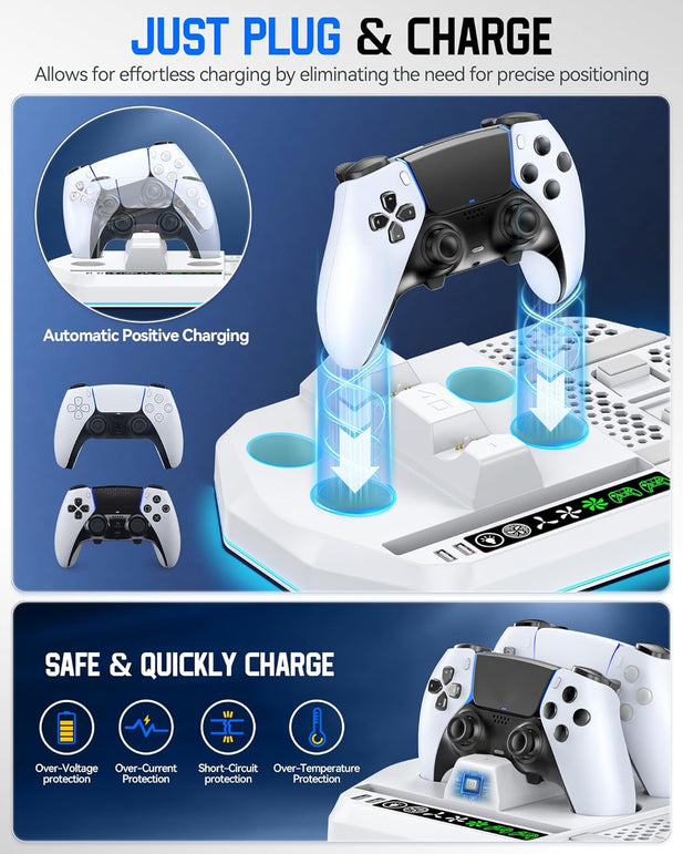 Cooling Station with Controller Charger for Ps5/Slim/Pro, Playstation 5 Vertical Stand for Disc & Digital Console, Dual PS 5 Controller Charging Station with 3 Level Cooling Fan, PS5 Accessory Kit