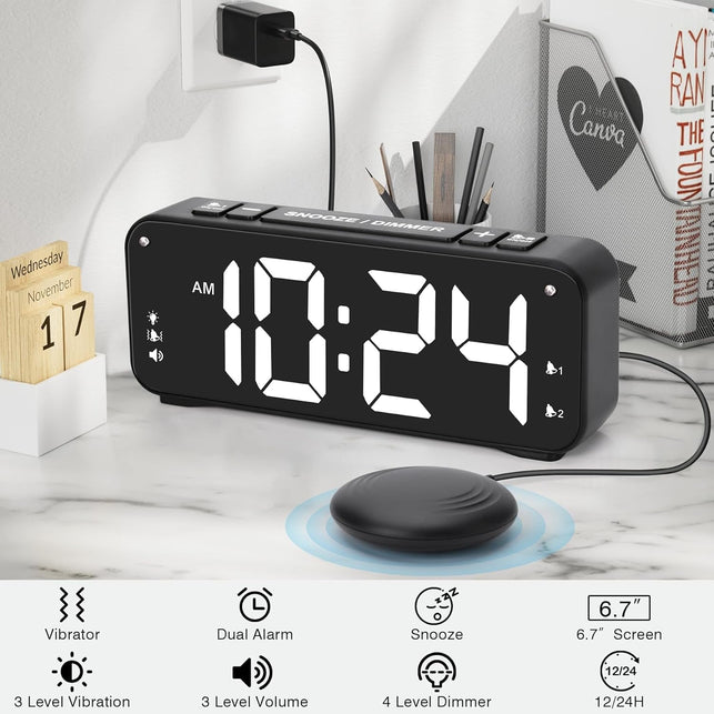 Loud Alarm Clock for Heavy Sleepers Adults, Dual Alarm Clock with Bed Shaker, Digital Vibrating Alarm Clock for Bedrooms, 6.5″Large Display with Dimmer, Snooze & 12/24H & Battery Backup